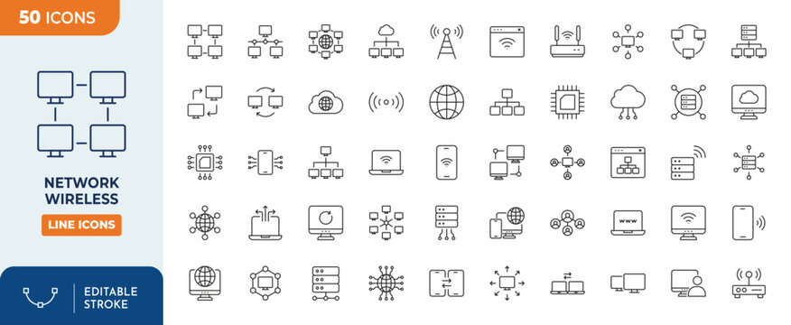 Network wireless Line Editable Icons set. Editable stroke. Vector illustration
