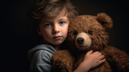 Little girl with teddy bear on a black background. 3d rendering. Generative AI