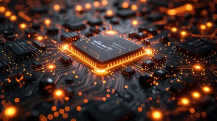 Computer modern motherboard chips connected with glowing data. Highway network connections