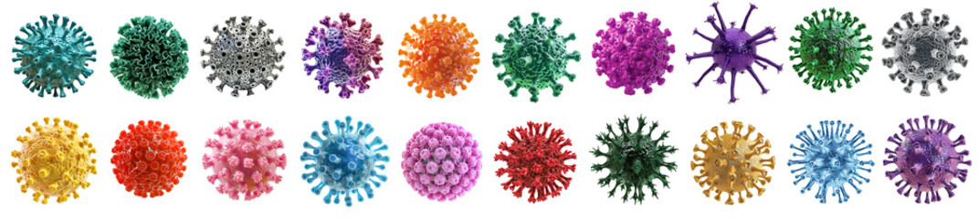 Collection of colorful different types of virus and bacteria over isolated transparent background - obrazy, fototapety, plakaty