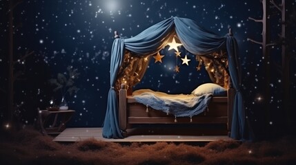 christmas crib with stars and snowfall in night forest (3d render) Generative AI