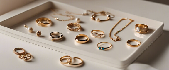 An image of a minimalist jewelry display with a few carefully selected pieces against a clean surface, showcasing the elegance of simplicity in design.