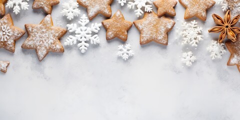 Christmas greeting card with gingerbread cookies and snowflakes. Top view with space for your greetings Generative AI