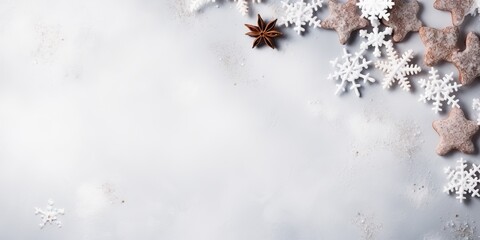 Christmas background with gingerbread cookies, star anise and snowflakes Generative AI