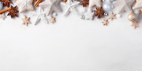 Christmas background with star anise, snowflakes and decorations on white Generative AI
