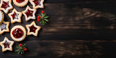 Obraz na płótnie Canvas Christmas cookies with jam and rosemary on wooden background. Top view with copy space Generative AI