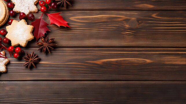 Christmas background with gingerbread cookies, red berries and spices on wooden table. Top view with copy space Generative AI