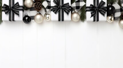 Christmas background with black and white gift boxes and decorations on white wooden background Generative AI
