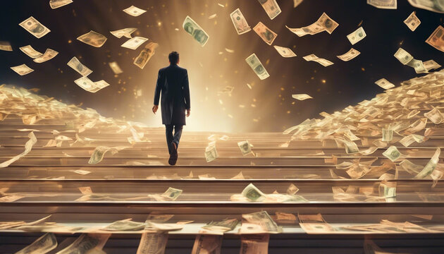 An inspiring cinematic shot of a person walking on a staircase made of floating banknotes, leading towards an ethereal light. Illustrate the surreal journey of financial growth and prosperity. - Powered by Adobe