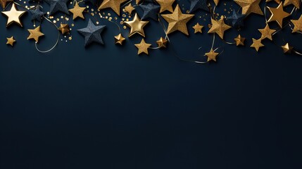 Christmas and New Year background with golden stars and confetti on dark blue background Generative AI