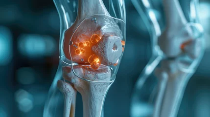 Poster Bone protection and treatment by specialized doctors. Realistic illustration of knee and leg bones with glass shield. media to hospitals, doctors, bone nourishing vitamins. © PT