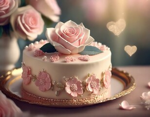 Fototapeta na wymiar illustration of romantic pink rose cake