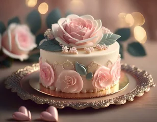 Fotobehang illustration of romantic pink rose cake © Worship