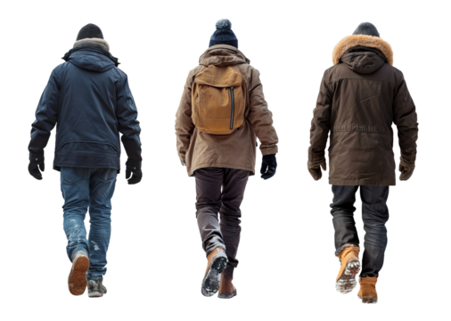 Collage of unrecognizable men back view walking wearing winter warm outfit over isolated transparent background