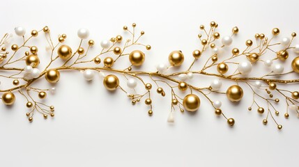 Christmas and New Year background with gold tree branches and white balls. 3d illustration Generative AI
