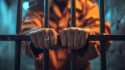 Hands of prisoner holding jail bars. Close up image, unrecognizable person - obrazy, fototapety, plakaty