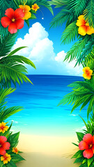 Fototapeta na wymiar Summer Background with Ocean Waves and Beach with Copy Space for Text. jungle exotic leaves