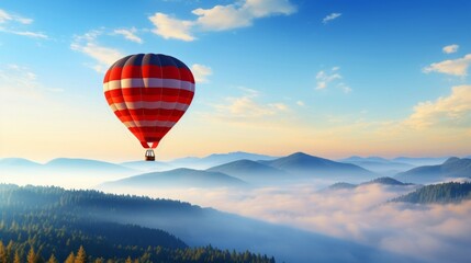 A red and white striped hot air balloon soars above a sea of mist-covered mountains at sunrise.