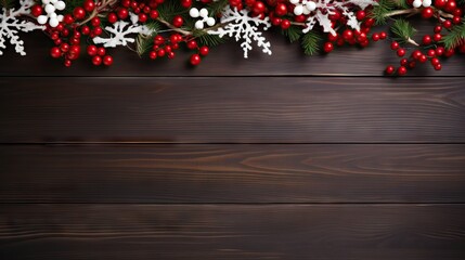 Christmas background with fir branches, red berries and snowflakes on wooden board Generative AI