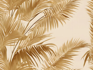 Gold colored tropical palm leaves on beige background