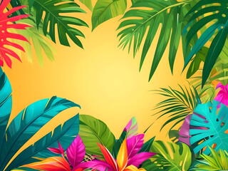 Fototapeta na wymiar Summer concept design, summer panorama, abstract illustration with jungle exotic leaves, colorful design, summer background and banner
