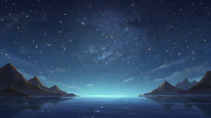 Natural scenery with mountains and ocean under starry sky at night. Nature background. Cartoon or anime illustration style.