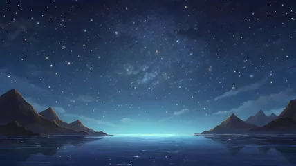 Fotobehang Natural scenery with mountains and ocean under starry sky at night. Nature background. Cartoon or anime illustration style. © EPDICAY