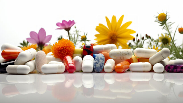 A variety of pharmaceutical pills and capsules juxtaposed with blooming flowers, contrasting medicine with nature.