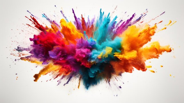 A dynamic explosion of colorful powder against a stark white background, symbolizing creativity and energy.