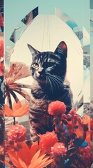 A curious tabby cat peers out from a collage of vivid abstract flowers and geometric shapes.