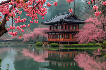 A tranquil Japanese garden with cherry blossoms and an ancient pagoda. Created with generative AI.