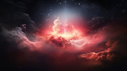 A vivid nebula resembling a cosmic fire, set against a dark starry sky with cloud formations.