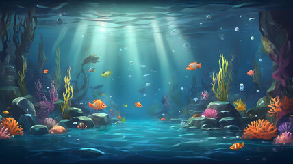 Underwater natural scenery with fish and coral reefs. Underwater background. Cartoon or anime illustration style.