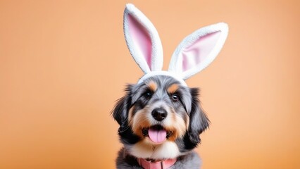 Cute rabbit dog in rabbit ears costume on peach fuzz background, Easter holiday peach fuzz background, portrait of a dog in rabbit ears