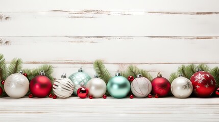 Christmas background with red and green baubles and fir branches on wooden board Generative AI