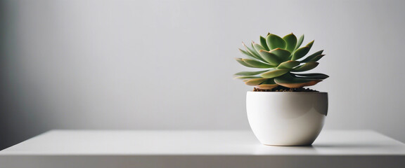 A minimalist composition with ample whitespace, featuring a single potted succulent on a clean, white desk.