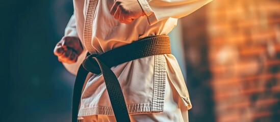 Brown belt in karate, instructor-student fitness, taekwondo training, sports graduation, and workout education. Martial arts attire, fighter and coach preparing in gym, practice and exercise. - Powered by Adobe