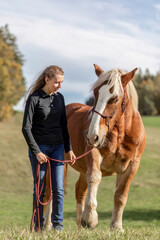A young adult woman in horsemanship trick training with her chestnut brown noriker coldblood...