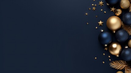 Naklejka na ściany i meble Christmas background with golden and blue baubles, stars and confetti. illustration. Generative AI