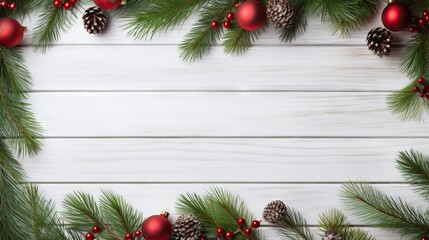 Fototapeta na wymiar Christmas Ornaments and Ribbon on Rustic Wood Background Generative AI