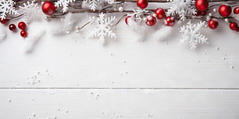 Christmas background with snowflakes and red baubles on white wooden board Generative AI