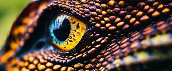 An ultra-detailed macro shot of a chameleon's eye, capturing the intricate patterns and vibrant colors of its iris. Highlight the chameleon's ability to blend into its surroundings