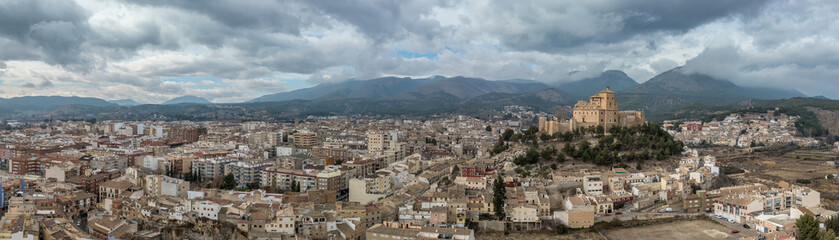 Aerial view of Caravaca de la Cruz  in Murcia, southeast Spain. A major pilgrimage site dominated by Basilica Shrine of Vera Cruz with Baroque facade and medieval castle