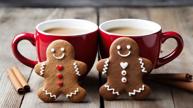 Two cups of coffee with gingerbread men and cinnamon sticks on wooden background Generative AI