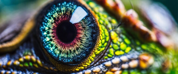 An ultra-detailed macro shot of a chameleon's eye, capturing the intricate patterns and vibrant colors of its iris. Highlight the chameleon's ability to blend into its surroundings