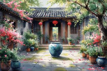 Chinese courtyard drinking illustration watercolor green plants Magnolia have prospects and prospects
