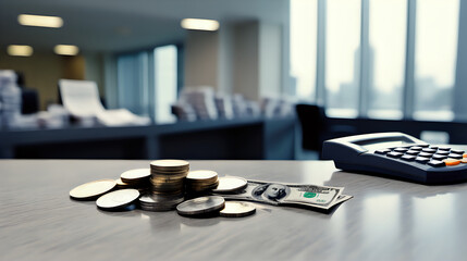 Coin and banknote on table in the office background. - obrazy, fototapety, plakaty