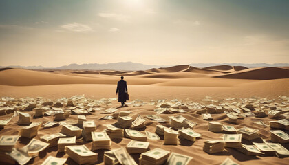In a surrealistic desert scene, showcase a lone figure walking towards a mirage of floating banknotes. The cinematic setting represents the transformative power of financial wisdom