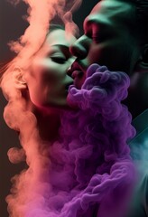 Couple kissing embracing in colorful smoke bomb cloud