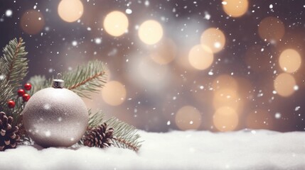 Fototapeta na wymiar Christmas decoration with snow and bokeh background. Christmas greeting card. Generative AI
